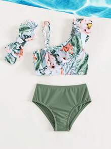 Baby Girl Tropical Print Ruffle Trim Beachwear With Headband Summer Beach