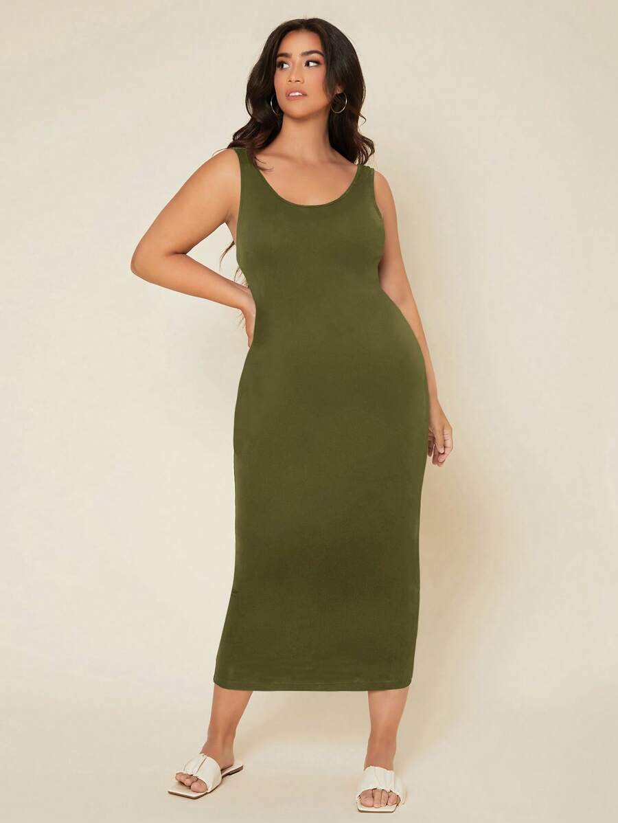 SHEIN BASICS 大碼素色背心緊身洋裝 - 軍綠色 - 查看 1