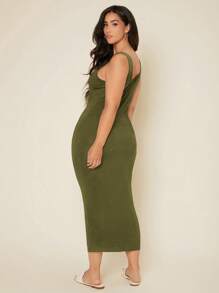 SHEIN BASICS 大碼素色背心緊身洋裝 - 軍綠色 - 查看 2