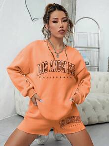 INAWLY Letter Graphic Drop Shoulder Sweatshirt & Shorts - Orange - View 3