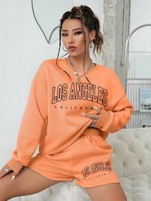 INAWLY Letter Graphic Drop Shoulder Sweatshirt & Shorts - Orange - View 4