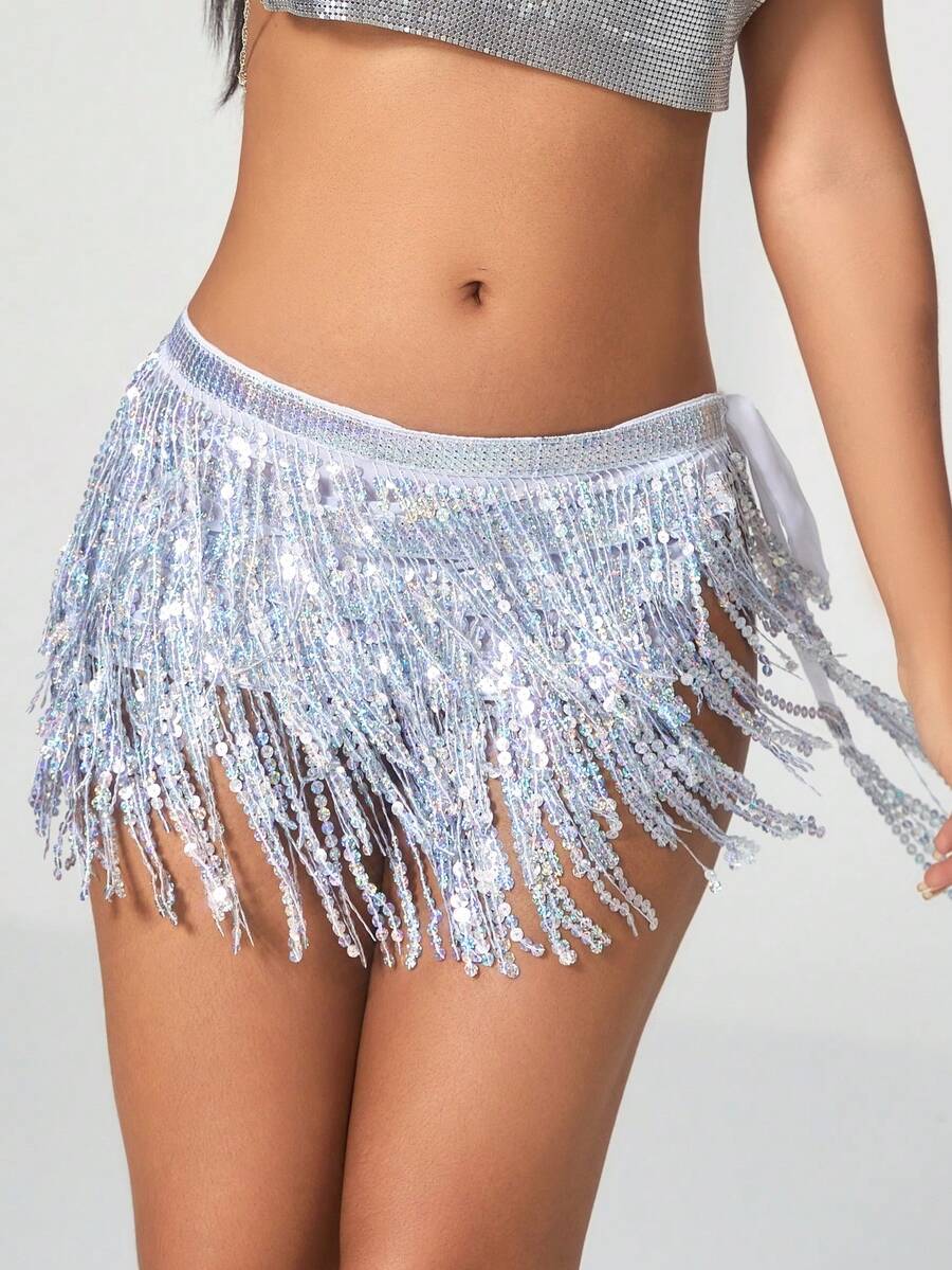 性感嘻哈风肚皮舞裙，饰有全息亮片流苏，侧系带迷你裙，适合音乐节和派对穿着。 - 銀色 - 查看 1