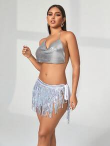 性感嘻哈风肚皮舞裙，饰有全息亮片流苏，侧系带迷你裙，适合音乐节和派对穿着。 - 銀色 - 查看 3