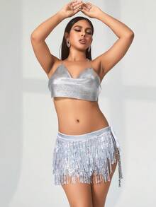 性感嘻哈风肚皮舞裙，饰有全息亮片流苏，侧系带迷你裙，适合音乐节和派对穿着。 - 銀色 - 查看 5