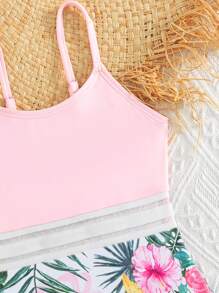 Toddler Girls Tropical Print Contrast Mesh One Piece Swimsuit - Multicolor - View 3