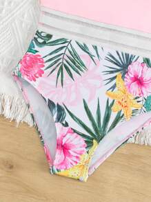 Toddler Girls Tropical Print Contrast Mesh One Piece Swimsuit - Multicolor - View 4