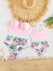 Toddler Girls Tropical Print Contrast Mesh One Piece Swimsuit - Multicolor - View 6