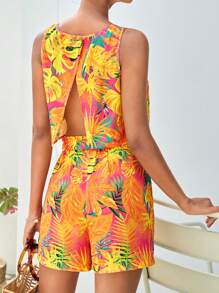 SHEIN VCAY Bộ đồ hai mảnh nữ Nút Quần paper-bag Nhiệt đới Boho - Nhiều màu - Xem 1