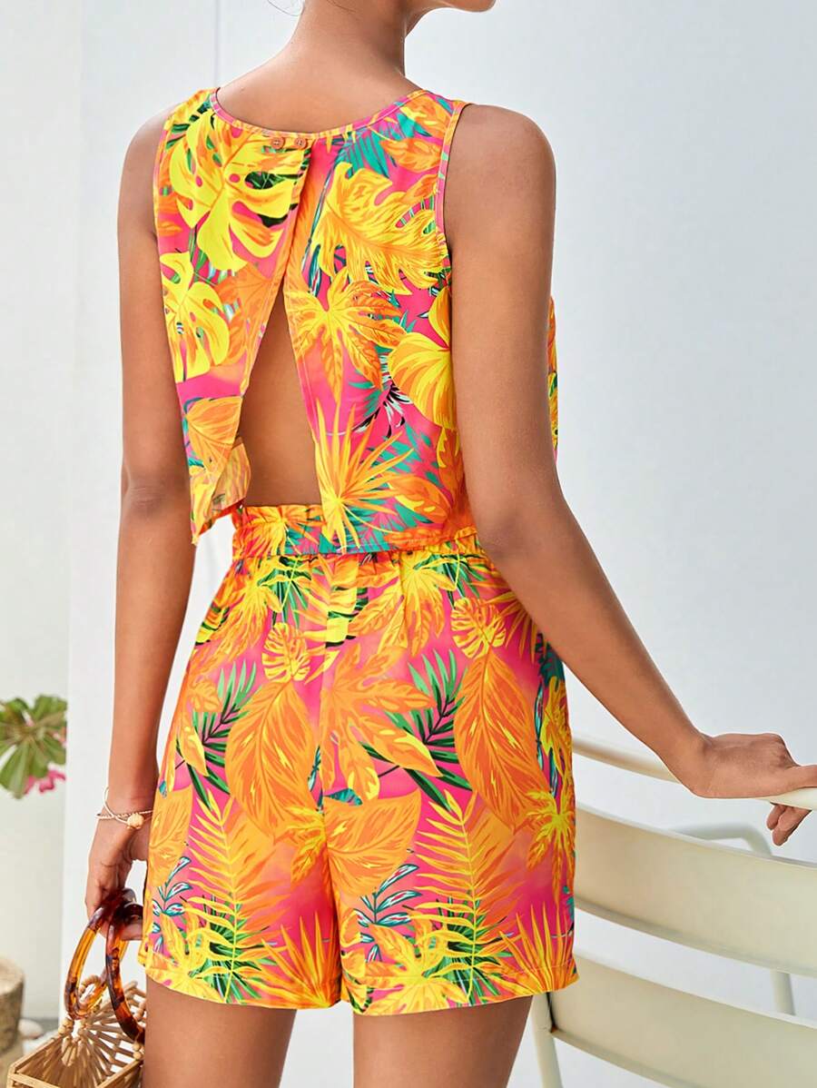 SHEIN VCAY Bộ đồ hai mảnh nữ Nút Quần paper-bag Nhiệt đới Boho - Nhiều màu - Xem 1