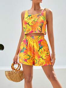 SHEIN VCAY Bộ đồ hai mảnh nữ Nút Quần paper-bag Nhiệt đới Boho - Nhiều màu - Xem 3