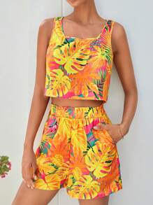 SHEIN VCAY Bộ đồ hai mảnh nữ Nút Quần paper-bag Nhiệt đới Boho - Nhiều màu - Xem 4