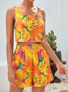 SHEIN VCAY Bộ đồ hai mảnh nữ Nút Quần paper-bag Nhiệt đới Boho - Nhiều màu - Xem 7