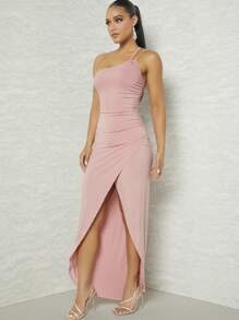 L'Amorae Solid One Shoulder Ruched Wrap Hem Elegant Dress - Baby Pink - View 1