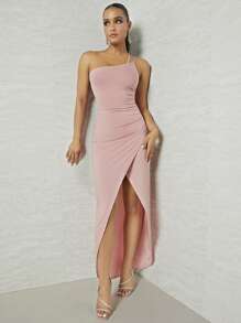 L'Amorae Solid One Shoulder Ruched Wrap Hem Elegant Dress - Baby Pink - View 3