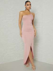 L'Amorae Solid One Shoulder Ruched Wrap Hem Elegant Dress - Baby Pink - View 5