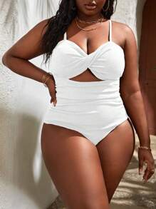 Slaydiva Summer Beach Plus Twist Front Cut Out Ruched Side Cami One Piece Swimsuit - White - View 3