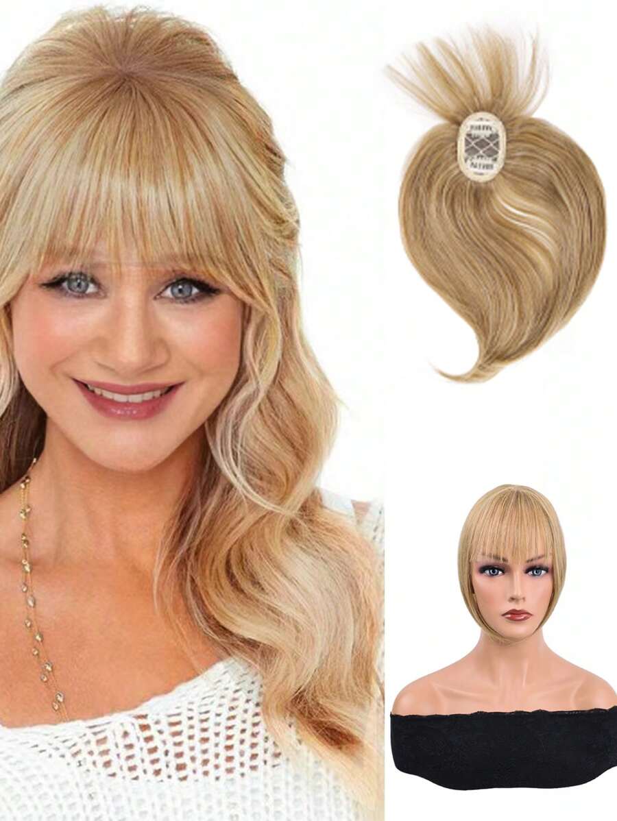 Synthetic Clip In Hair Topper With Bangs Straight Wig Overhead Natural