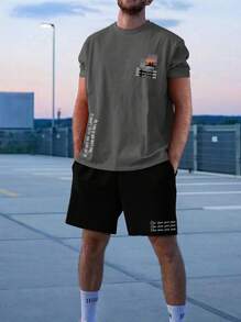 Hombres Camiseta con estampado de slogan & Shorts de cintura con cordón - Gris - Ver 1