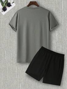 Hombres Camiseta con estampado de slogan & Shorts de cintura con cordón - Gris - Ver 2