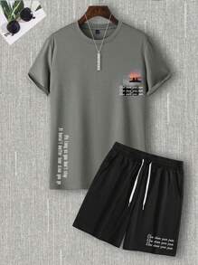 Hombres Camiseta con estampado de slogan & Shorts de cintura con cordón - Gris - Ver 4