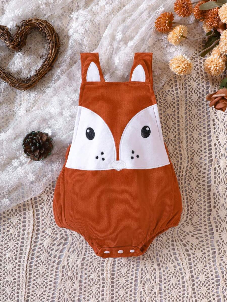 男嬰狐狸印花背帶連體衣 - 亮橙色 - 查看 1