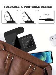 三合一快速无线充电器底座兼容 17/16/15/14 Pro Max/14 Pro/14 Plus/13/12/11/X/8 系列，兼容 Ultra/SE/10/9/8/7/6/5/4/3/2，兼容 Pro/3 多设备可折叠便携式充电支架 - 黑色 - 查看 6