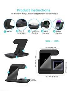 三合一快速无线充电器底座兼容 17/16/15/14 Pro Max/14 Pro/14 Plus/13/12/11/X/8 系列，兼容 Ultra/SE/10/9/8/7/6/5/4/3/2，兼容 Pro/3 多设备可折叠便携式充电支架 - 黑色 - 查看 10