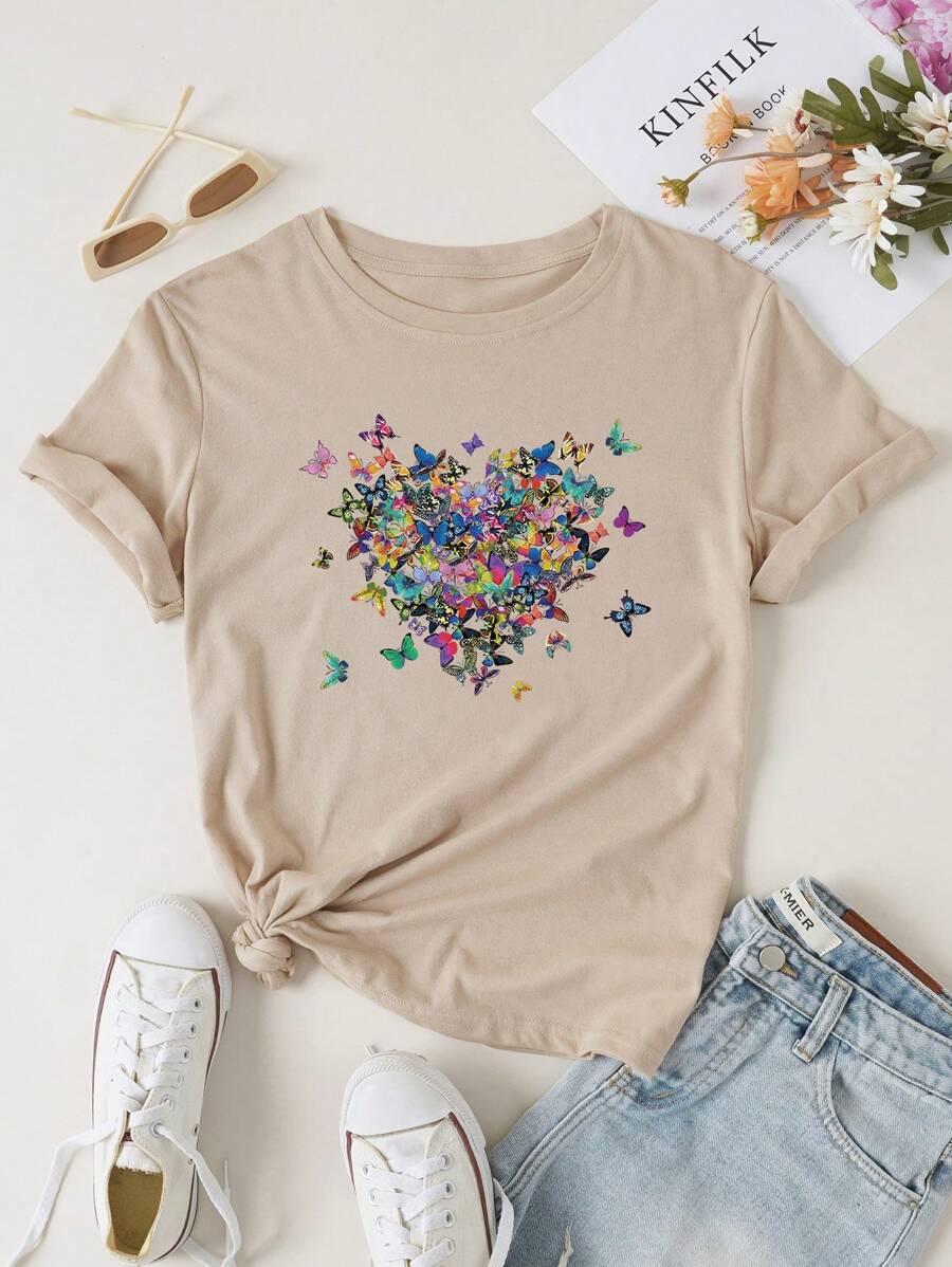 SHEIN Essnce Butterfly Print Tee - Apricot - View 1