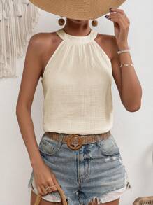 SHEIN VCAY 素色後鎖孔掛脖上衣 - 杏色 - 查看 1