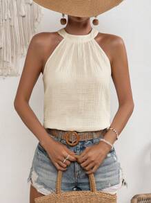 SHEIN VCAY 素色後鎖孔掛脖上衣 - 杏色 - 查看 6