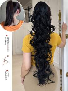 Claw Ponytail Extension Hair Black Color 32 Inch Long Natural Water Wave Heat Resistant Fiber Synthetic Ponytail Hairpiece For Girl Women Daily Used - 黑色 - 查看 7