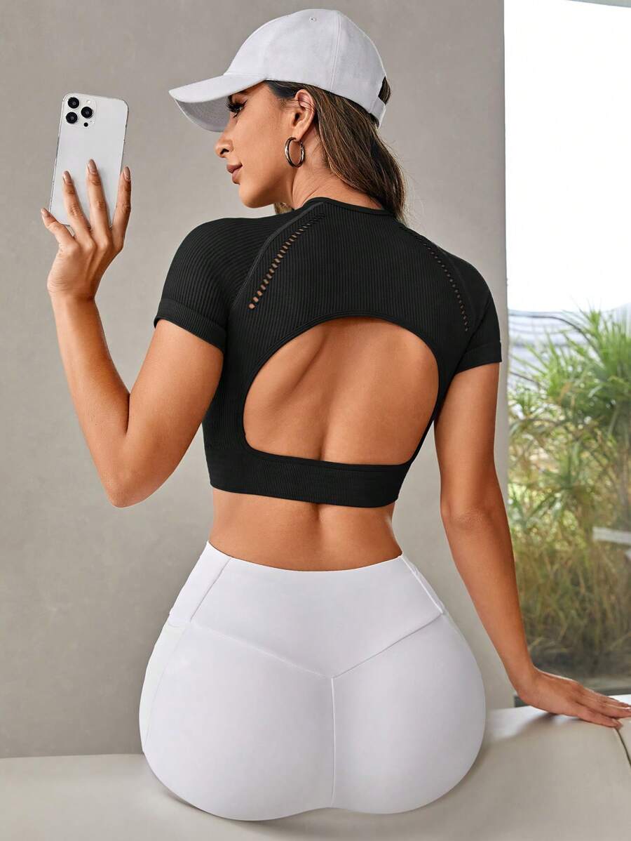 Activina 后背剪裁短款运动 T 恤，女士网球服修身衬衫健身衫 - 黑色 - 查看 1