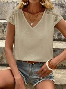 SHEIN LUNE Contrast Lace V Neck Tee - Khaki - View 1