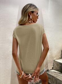 SHEIN LUNE Contrast Lace V Neck Tee - Khaki - View 2