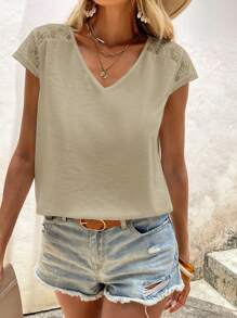 SHEIN LUNE Contrast Lace V Neck Tee - Khaki - View 3