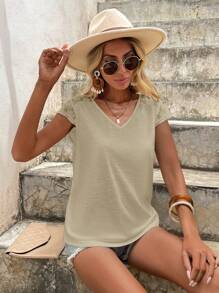 SHEIN LUNE Contrast Lace V Neck Tee - Khaki - View 5