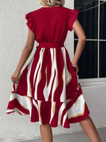 SHEIN Clasi 撞色荷葉邊繫腰帶連衣裙 - 紅色 - 查看 2