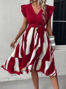 SHEIN Clasi 撞色荷葉邊繫腰帶連衣裙 - 紅色 - 查看 3