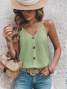 SHEIN LUNE 素色紐扣細節吊帶上衣 - 青檸色 - 查看 1