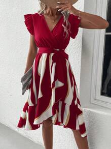 SHEIN Clasi 撞色荷葉邊繫腰帶連衣裙 - 紅色 - 查看 4