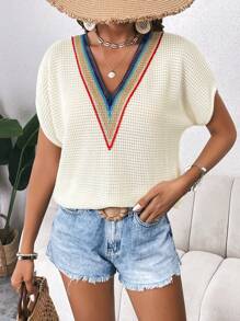 SHEIN LUNE Contrast Tape Dolman Sleeve Waffle Knit Tee - Apricot - View 1