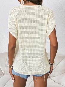 SHEIN LUNE Contrast Tape Dolman Sleeve Waffle Knit Tee - Apricot - View 2