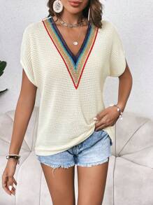 SHEIN LUNE Contrast Tape Dolman Sleeve Waffle Knit Tee - Apricot - View 4