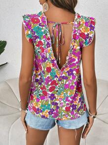 SHEIN VCAY Floral Print Tie Back Ruffle Trim Blouse - Multicolor - View 1