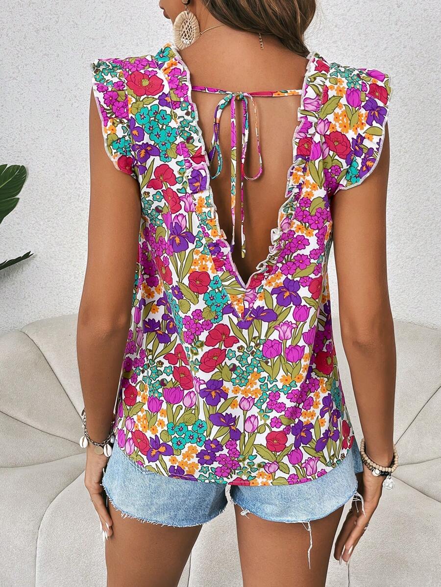 SHEIN VCAY Floral Print Tie Back Ruffle Trim Blouse - Multicolor - View 1