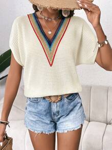 SHEIN LUNE Contrast Tape Dolman Sleeve Waffle Knit Tee - Apricot - View 5