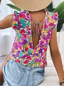 SHEIN VCAY Floral Print Tie Back Ruffle Trim Blouse - Multicolor - View 2
