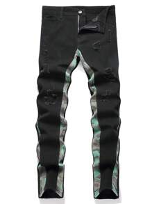 Men Camo Print Ripped Frayed Skinny Jeans - Black - View 1
