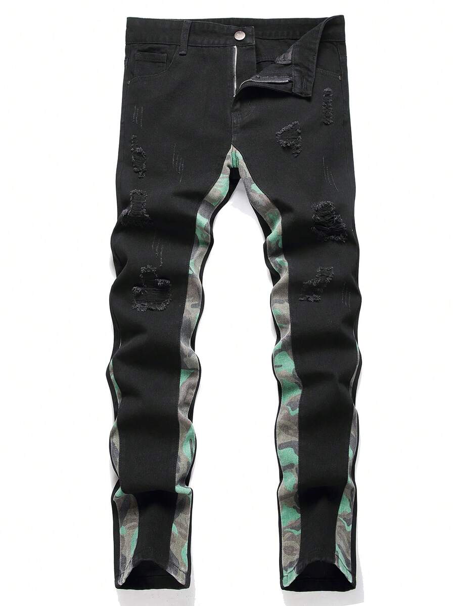 Men Camo Print Ripped Frayed Skinny Jeans - Black - View 1