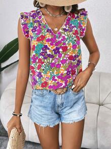 SHEIN VCAY Floral Print Tie Back Ruffle Trim Blouse - Multicolor - View 5